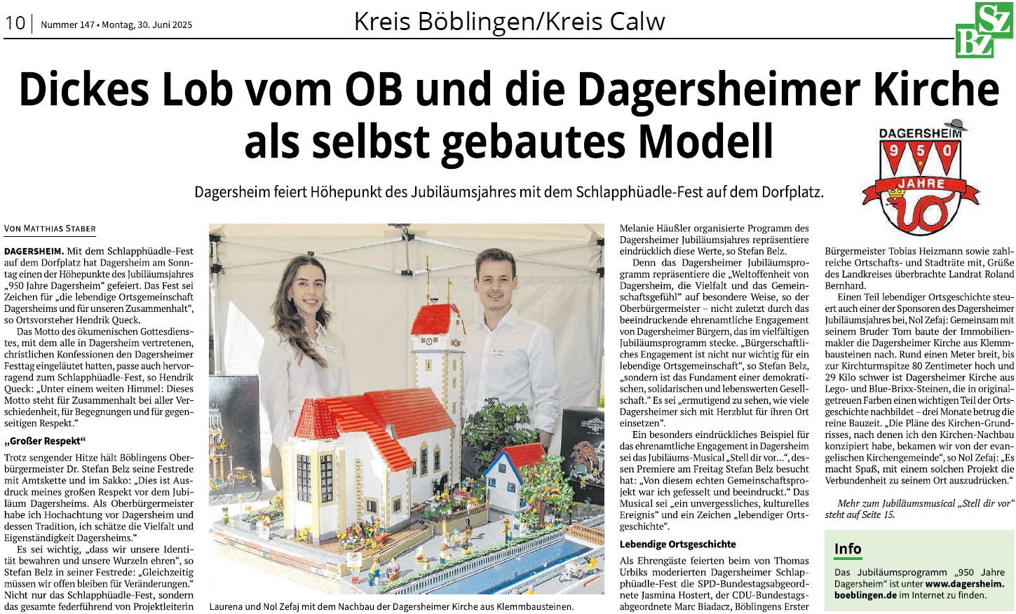 Titelseite der SZBZ – mit unserem LEGO-Nachbau der Dagersheimer Kirche